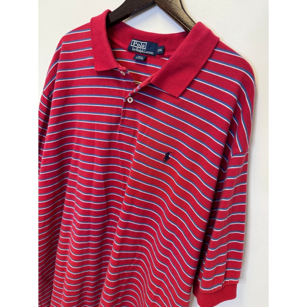 Polo Ralph Lauren Mens XXL Red Blue Striped Cotton Pique Short Sleeve Polo Shirt